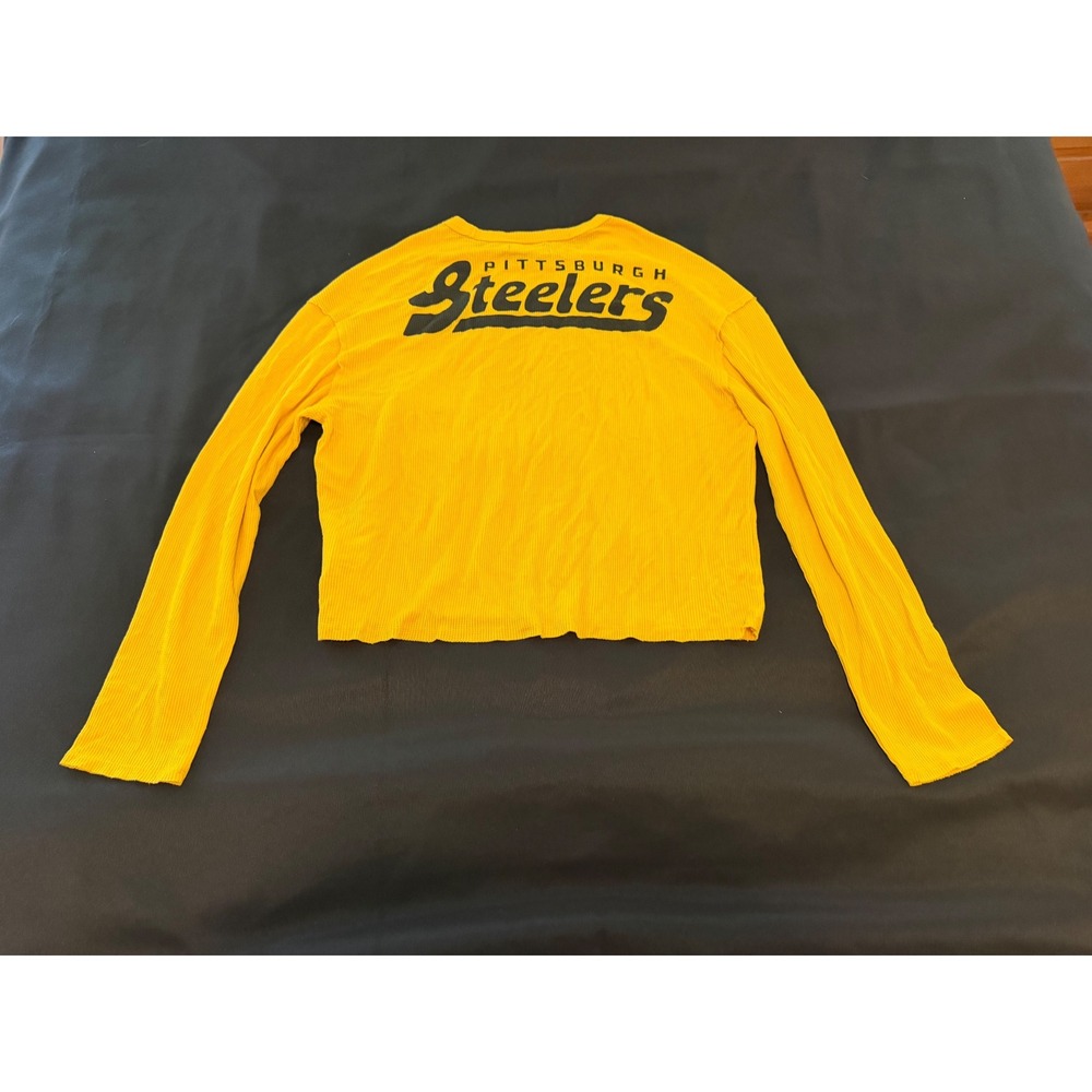 Junk Food Pittsburgh Steelers Yellow Waffle Knit Long Sleeve Pocket Tee L